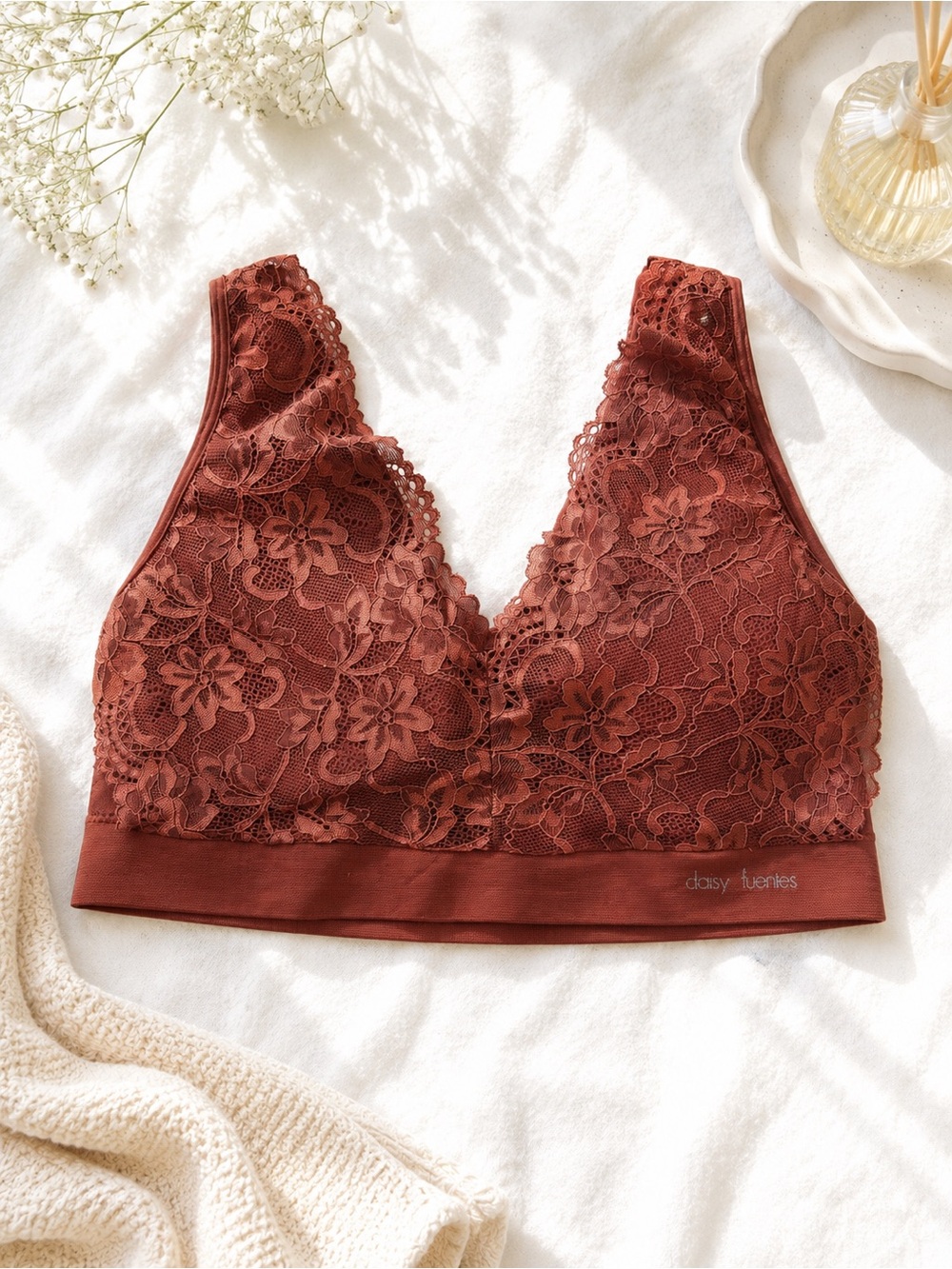 Daisy Fuentes Floral Lace Bralette in Rusty Brown